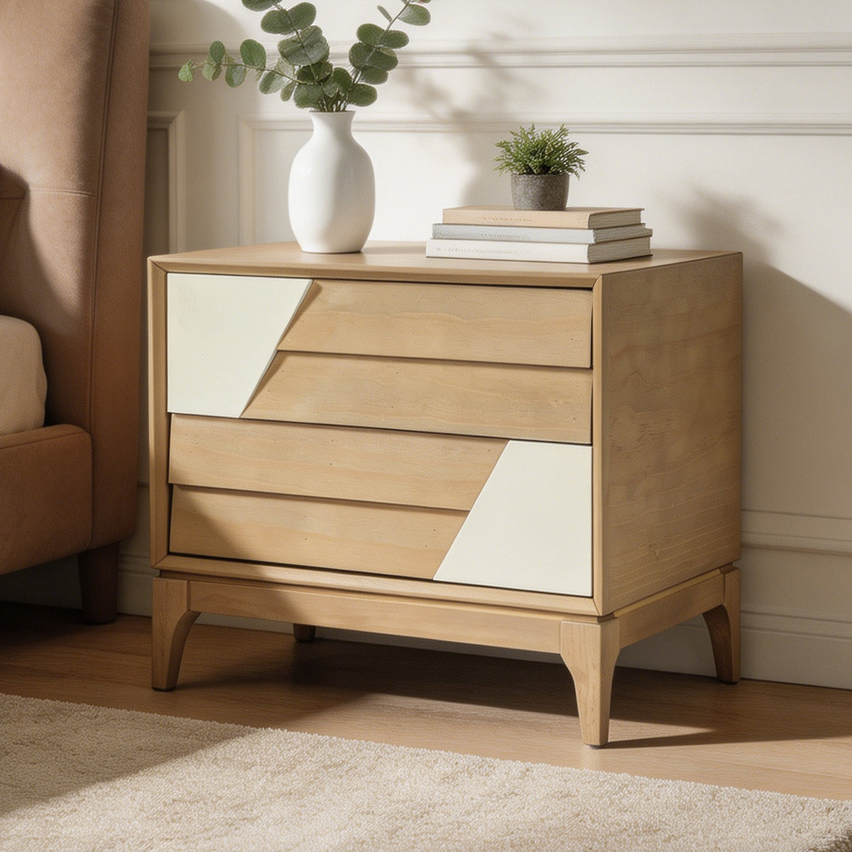 Modern 2-Drawer Nightstand by HouseOfZazla; two-tone wood with white panels, vase and plant on Tampa Home & Garden Store