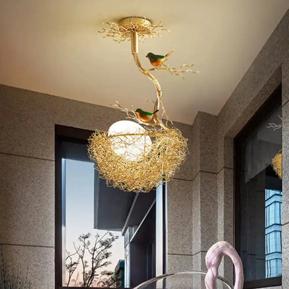 Artistry golden bird nest milk glass ball pendant light by Decorbites with gold nest and birds on Tampa Home & Garden Store
