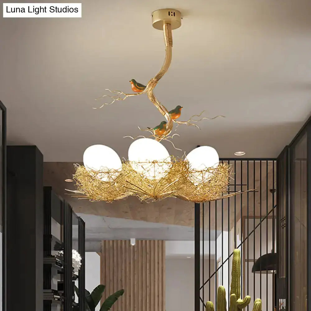 Artistry golden bird nest milk-white glass ball pendant chandelier with three globes Decorbites on Tampa Home & Garden Store