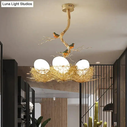 Artistry milk white glass bird nest chandelier pendant with gold twig nest and 3 globes decor on Tampa Home & Garden Store