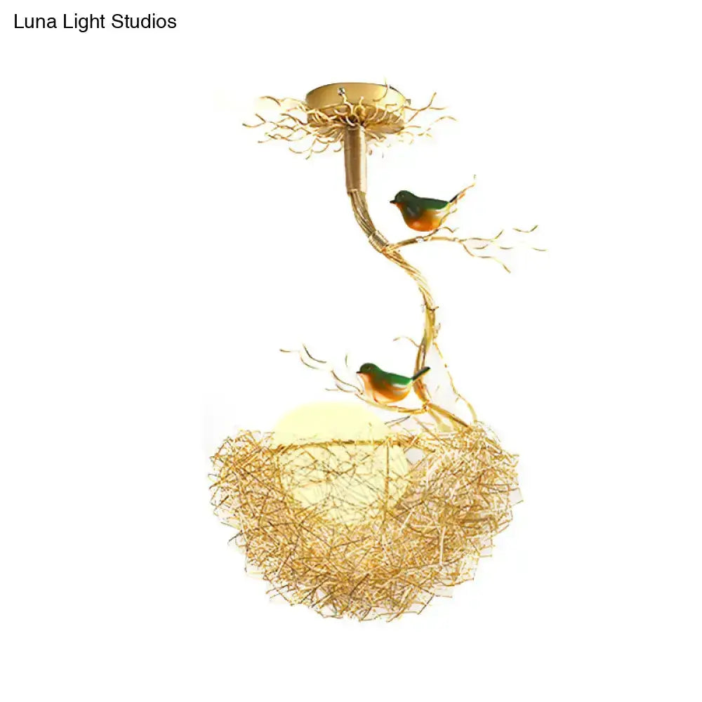 Artistry milk white glass bird nest chandelier pendant with gold wire nest and two birds on Tampa Home & Garden Store