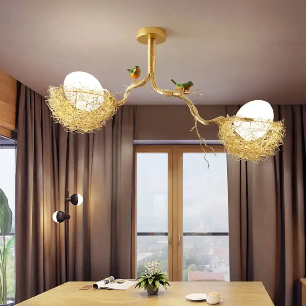 Artistry milk-white glass bird-nest chandelier pendant with gold branches, 2 nests Decorbites on Tampa Home & Garden Store