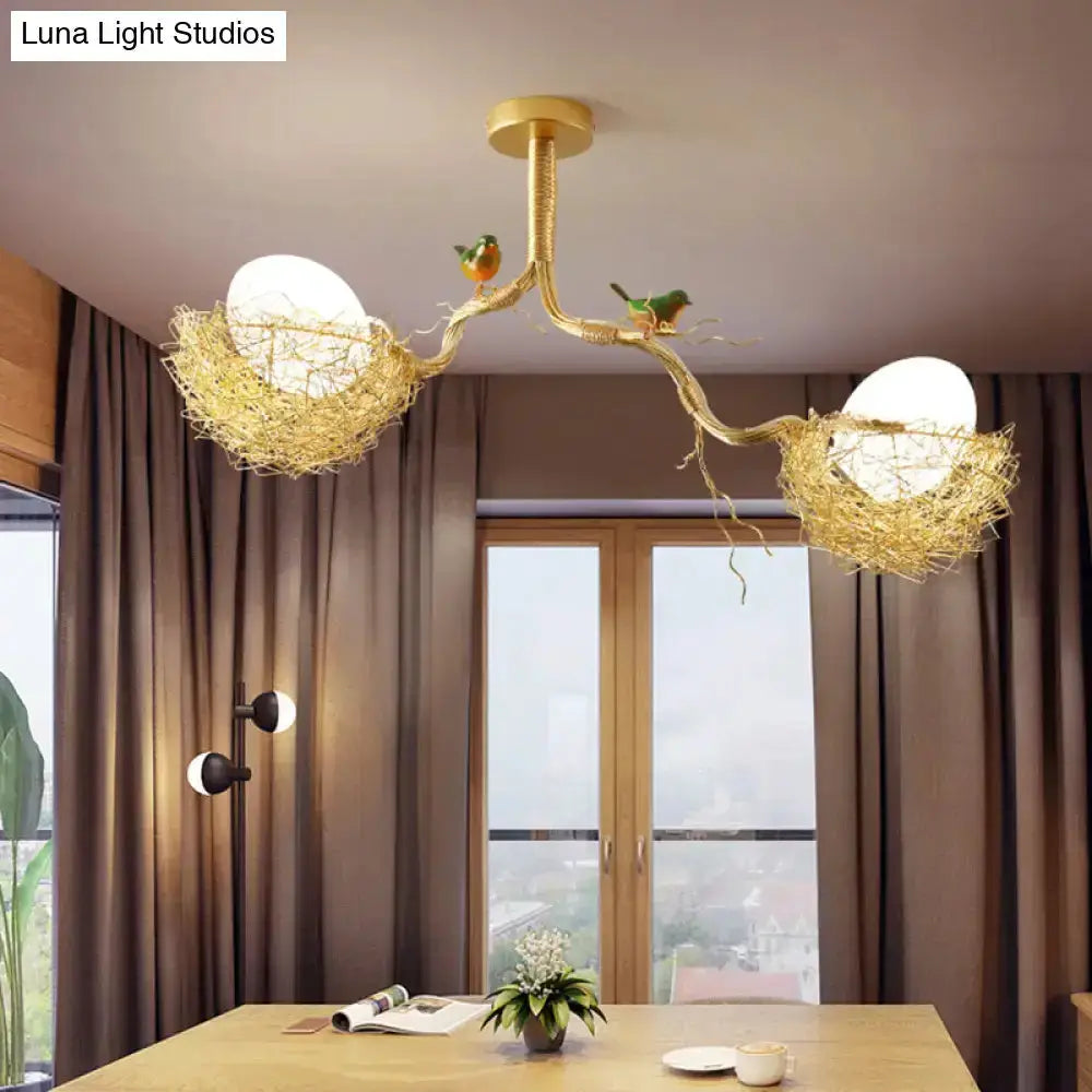 Decorbites Artistry milk white glass bird nest chandelier pendant, double light gold branch on Tampa Home & Garden Store