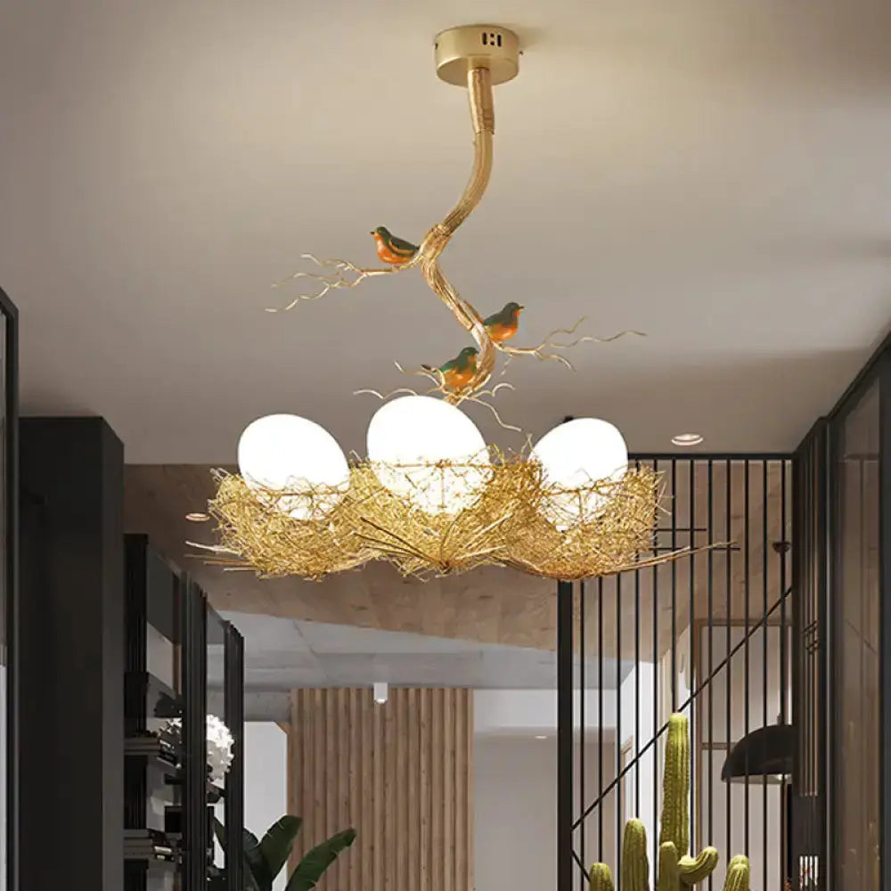 Artistry milk white glass bird nest chandelier pendant with gold nest and 3 white globes on Tampa Home & Garden Store