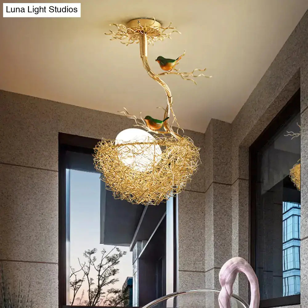 Artistry milk glass bird nest chandelier pendant with gold wire nest Decorbites on Tampa Home & Garden Store