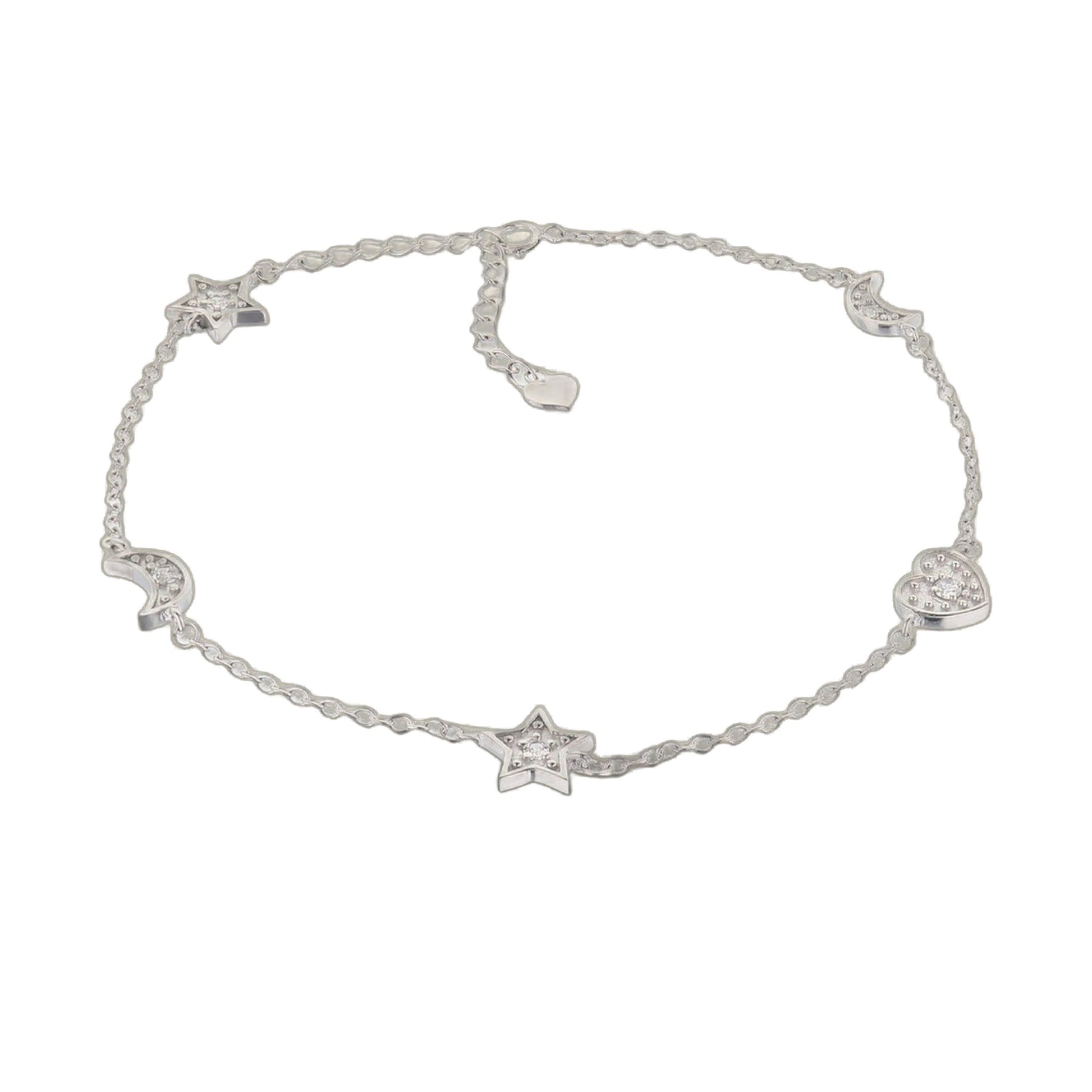 Moon Stars and Heart Anklet, silver-tone chain with star, moon, and heart charms on Tampa Home & Garden Store