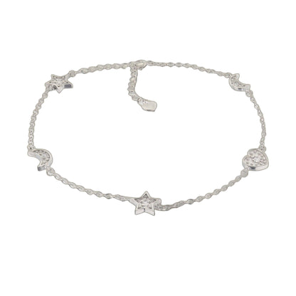 Moon Stars and Heart Anklet, silver-tone chain with star, moon, and heart charms on Tampa Home & Garden Store