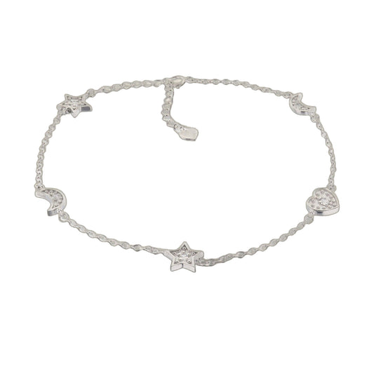 Moon Stars and Heart Anklet with silver-tone chain and crystal accents on Tampa Home & Garden Store