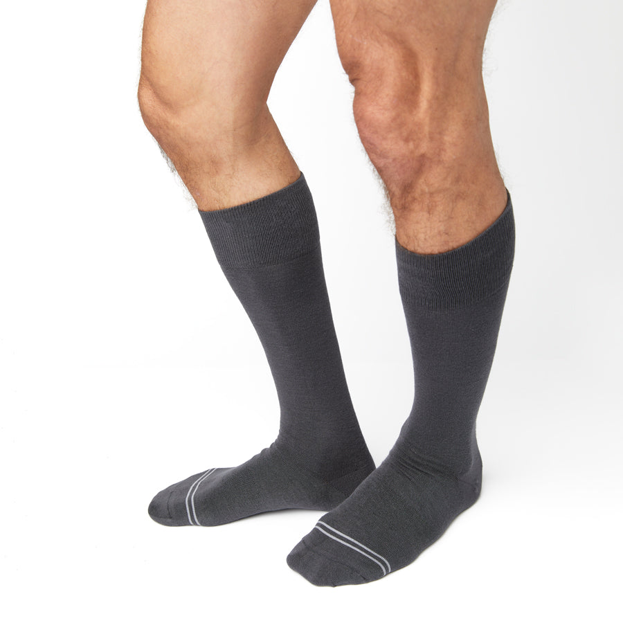 Asher Dress Socks by DeadSoxy, charcoal boardroom knee-high pair with gray toe stripe on Tampa Home & Garden Store