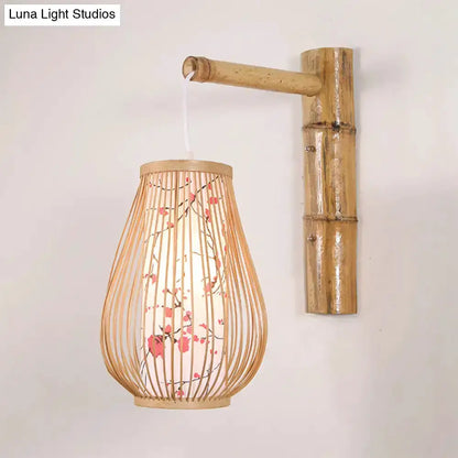 Asian Pink Cherry Blossom Bamboo Teardrop Sconce
