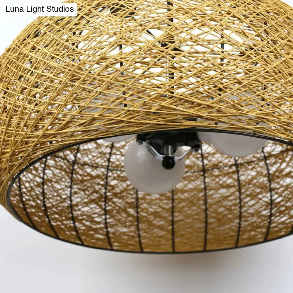 Asian rattan dome pendant light tan weave with black metal rim E26/E27 base Decorbites on Tampa Home & Garden Store