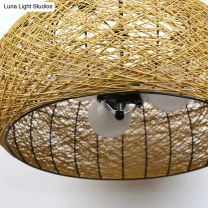 Asian rattan dome pendant light tan weave with black metal rim E26/E27 base Decorbites on Tampa Home & Garden Store
