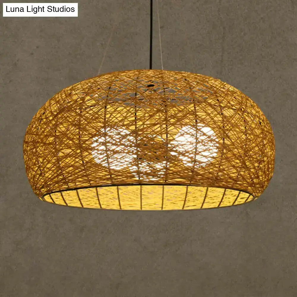 Asian rattan dome pendant light by Decorbites, two bulbs, warm amber glow, E26/E27 base on Tampa Home & Garden Store