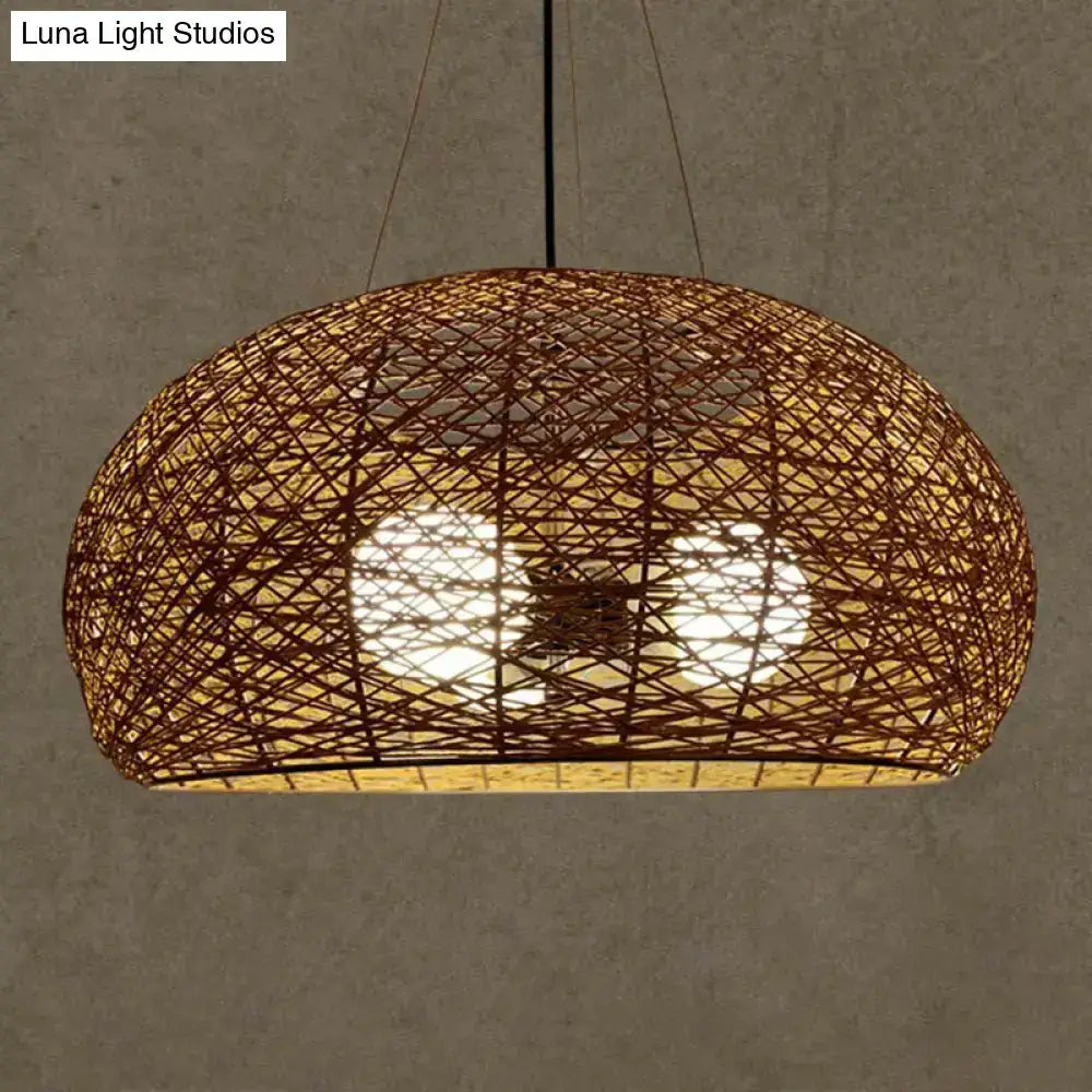 Asian rattan dome pendant light with two bulbs, warm brown lattice shade, E26/E27 base on Tampa Home & Garden Store