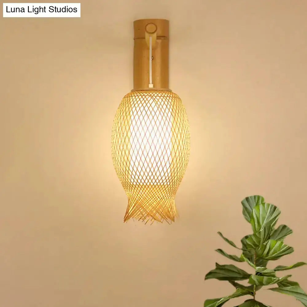 Asian style natural bamboo wall sconce with woven lattice shade LED by Decorbites on Tampa Home & Garden Store