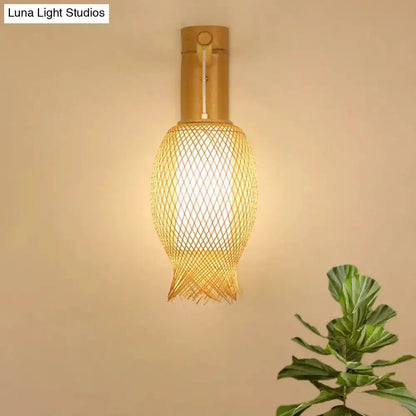 Asian style natural bamboo wall sconce with woven lattice shade LED by Decorbites on Tampa Home & Garden Store