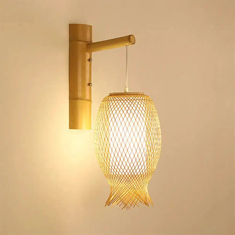 Asian style natural bamboo wall sconce by Decorbites LED bedroom lamp with lattice shade on Tampa Home & Garden Store