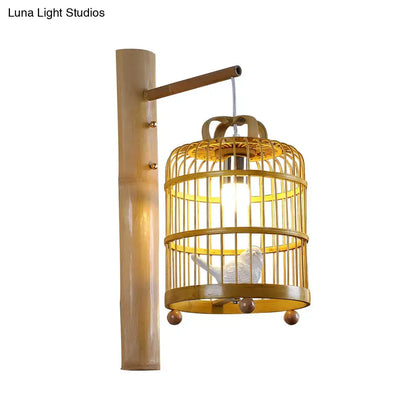 Wood Cage Design Wall Sconce lamp in gold metal with bird figurine, Decorbites on Tampa Home & Garden Store