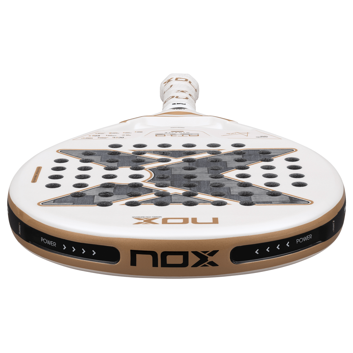 NOX AT10 Genius 12K Alum Xtreme 2026 padel racket white with gold trim, perforated surface on Tampa Home & Garden Store