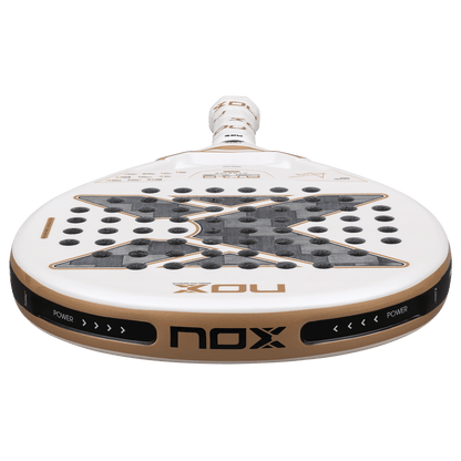 NOX AT10 Genius 12K Alum Xtreme 2026 padel racket white with gold trim, perforated surface on Tampa Home & Garden Store