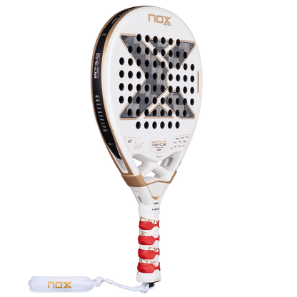 NOX AT10 Genius 12K Alum Xtreme 2026 padel racket white with gold and red grip NOX logo on Tampa Home & Garden Store