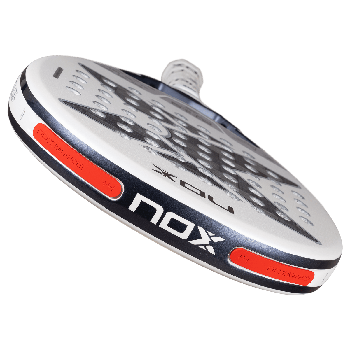 NOX AT10 Genius 12K Alum Xtreme Lite padel racket white with orange NOX Balancer plates on Tampa Home & Garden Store