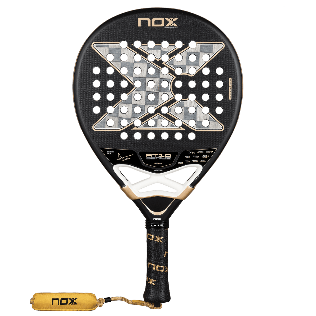 NOX AT10 Genius 18K Alum padel racket in black with gold/white accents, NOX grip on Tampa Home & Garden Store