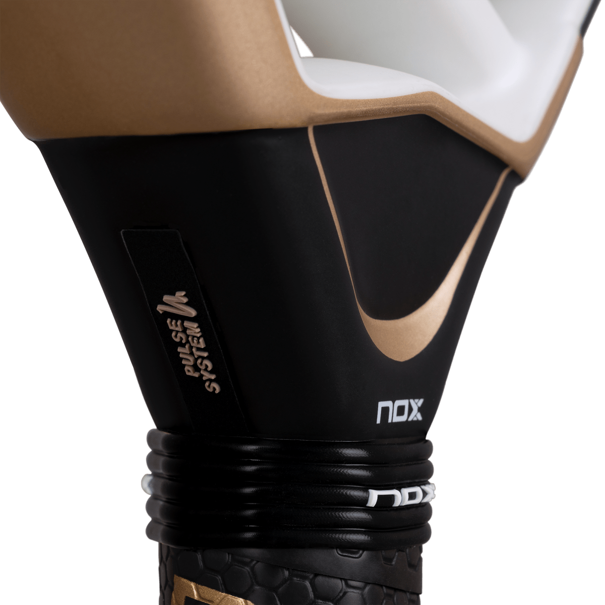 NOX AT10 Genius 18K Alum padel racket handle close-up in black with gold trim Power System branding on Tampa Home & Garden Store