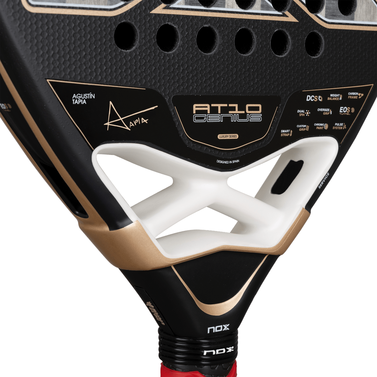 NOX AT10 Genius 18K Alum 2026 padel racket in black with gold accents and white bridge on Tampa Home & Garden Store