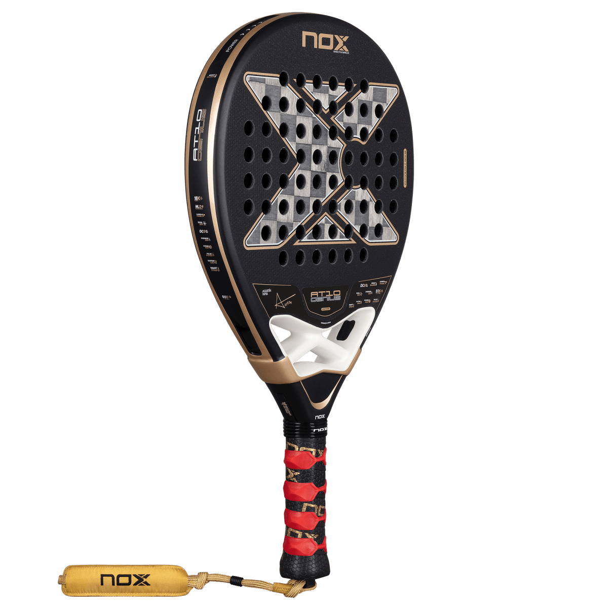 NOX AT10 Genius 18K Alum 2026 padel racket with black/gold finish and white/red grip on Tampa Home & Garden Store