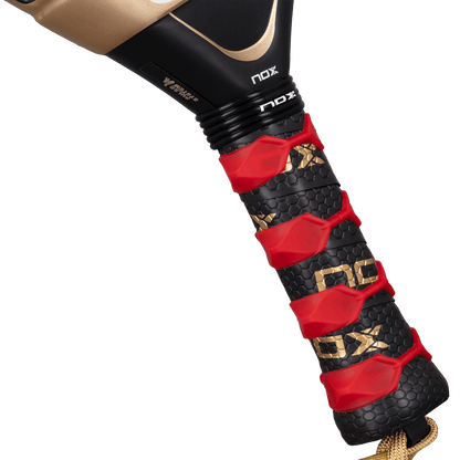 NOX AT10 Genius 18K Alum padel racket handle with black hex grip, red accents, gold branding on Tampa Home & Garden Store