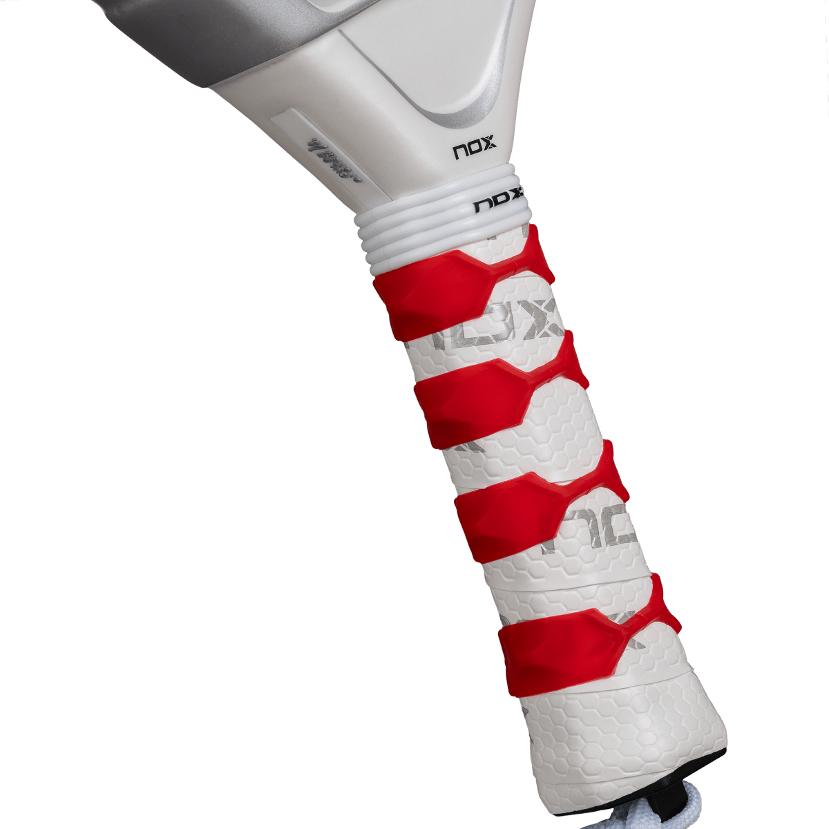 Nox AT10 padel racket grip with white honeycomb shaft and red segmented wraps NOX logo on Tampa Home & Garden Store