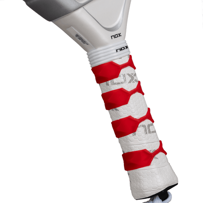 Nox AT10 padel racket grip with white honeycomb shaft and red segmented wraps NOX logo on Tampa Home & Garden Store