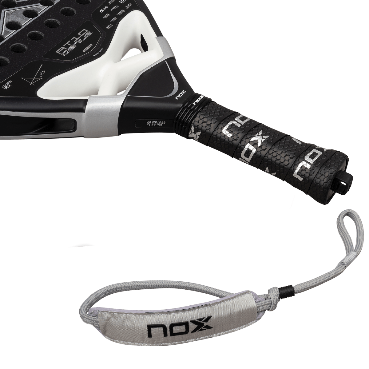 NOX AT10 Genius Attack 18K Alum padel racket black/white with textured grip and NOX lanyard on Tampa Home & Garden Store
