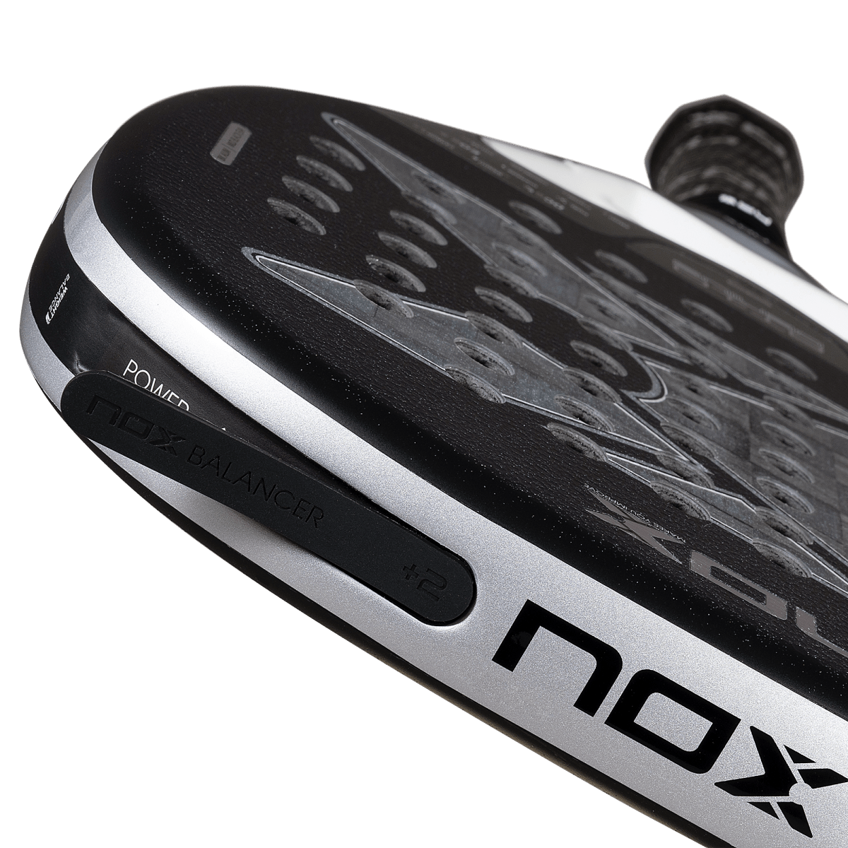 NOX AT10 Genius Attack 18K Alum padel racket in black and silver with NOX BALANCER branding on Tampa Home & Garden Store
