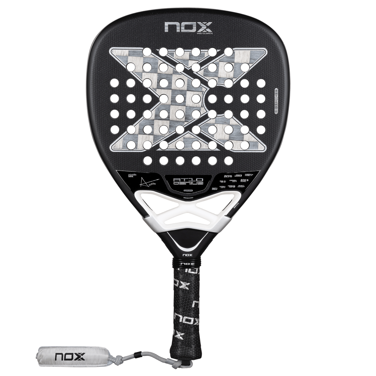Padel racket NOX AT10 Genius Attack 18K Alum 2026 black with white frame and green holes on Tampa Home & Garden Store