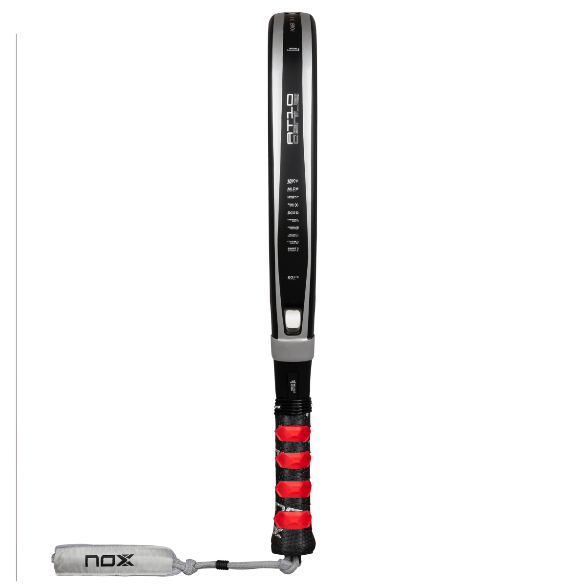 NOX AT10 Genius Attack 18K Alum 2026 padel racket with black frame and red grip, lanyard on Tampa Home & Garden Store