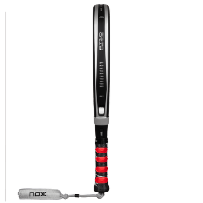 NOX AT10 Genius Attack 18K Alum 2026 padel racket with black frame and red grip, lanyard on Tampa Home & Garden Store