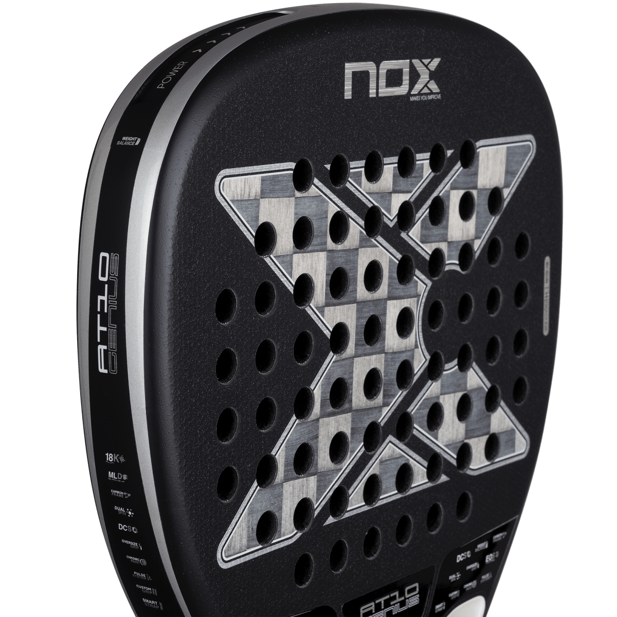 NOX AT10 Genius Attack 18K Alum padel racket black with silver perforated face pattern on Tampa Home & Garden Store