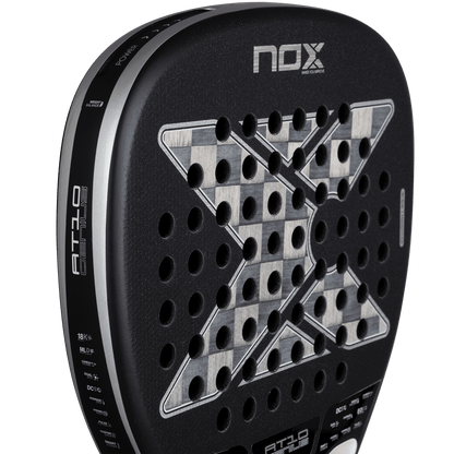 NOX AT10 Genius Attack 18K Alum padel racket black with silver perforated face pattern on Tampa Home & Garden Store