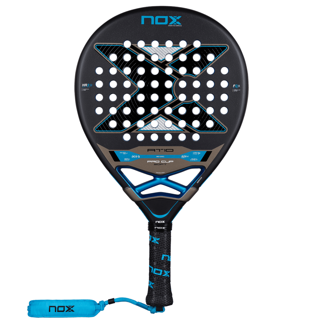 NOX AT10 Pro Cup Soft 2026 Padel Racket black with blue accents and NOX grip on Tampa Home & Garden Store
