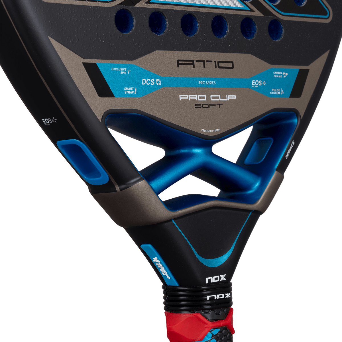 NOX AT10 Pro Cup Soft 2026 padel racket with blue frame accents and red grip on Tampa Home & Garden Store