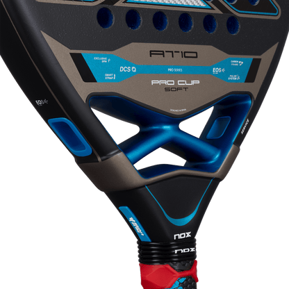 NOX AT10 Pro Cup Soft 2026 padel racket with blue frame accents and red grip on Tampa Home & Garden Store