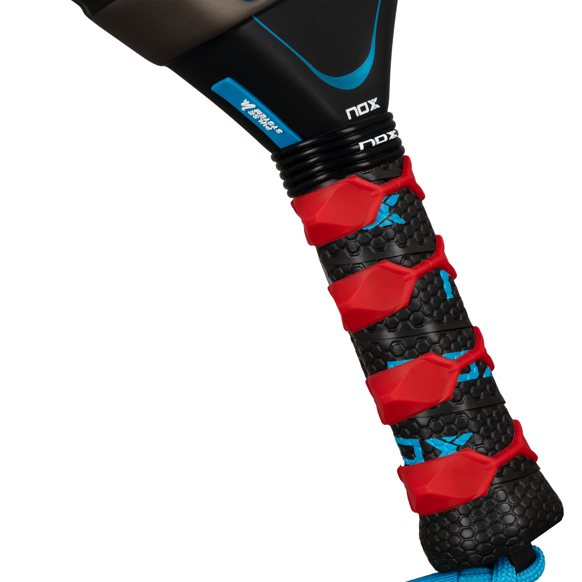 NOX AT10 Pro Cup Soft 2026 Padel Racket grip with black honeycomb padding red overlays blue accents on Tampa Home & Garden Store