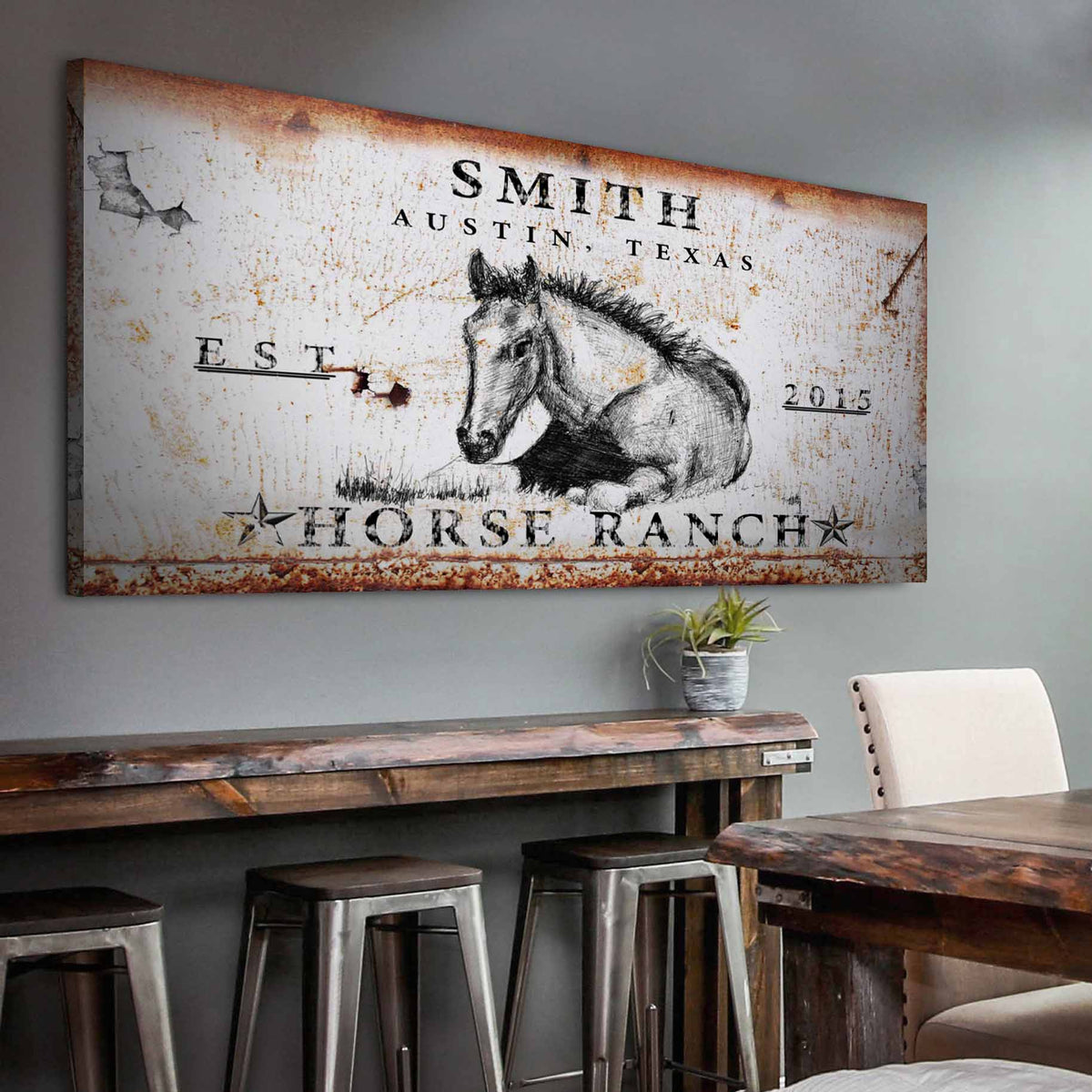 Rustic Horse Ranch Sign canvas by Tailored Canvases with a black horse sketch on a weathered white rusty surface on Tampa Home & Garden Store