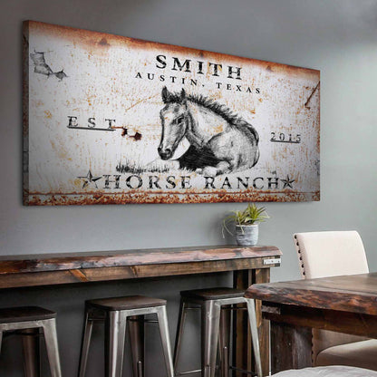 Rustic Horse Ranch Sign canvas by Tailored Canvases with a black horse sketch on a weathered white rusty surface on Tampa Home & Garden Store