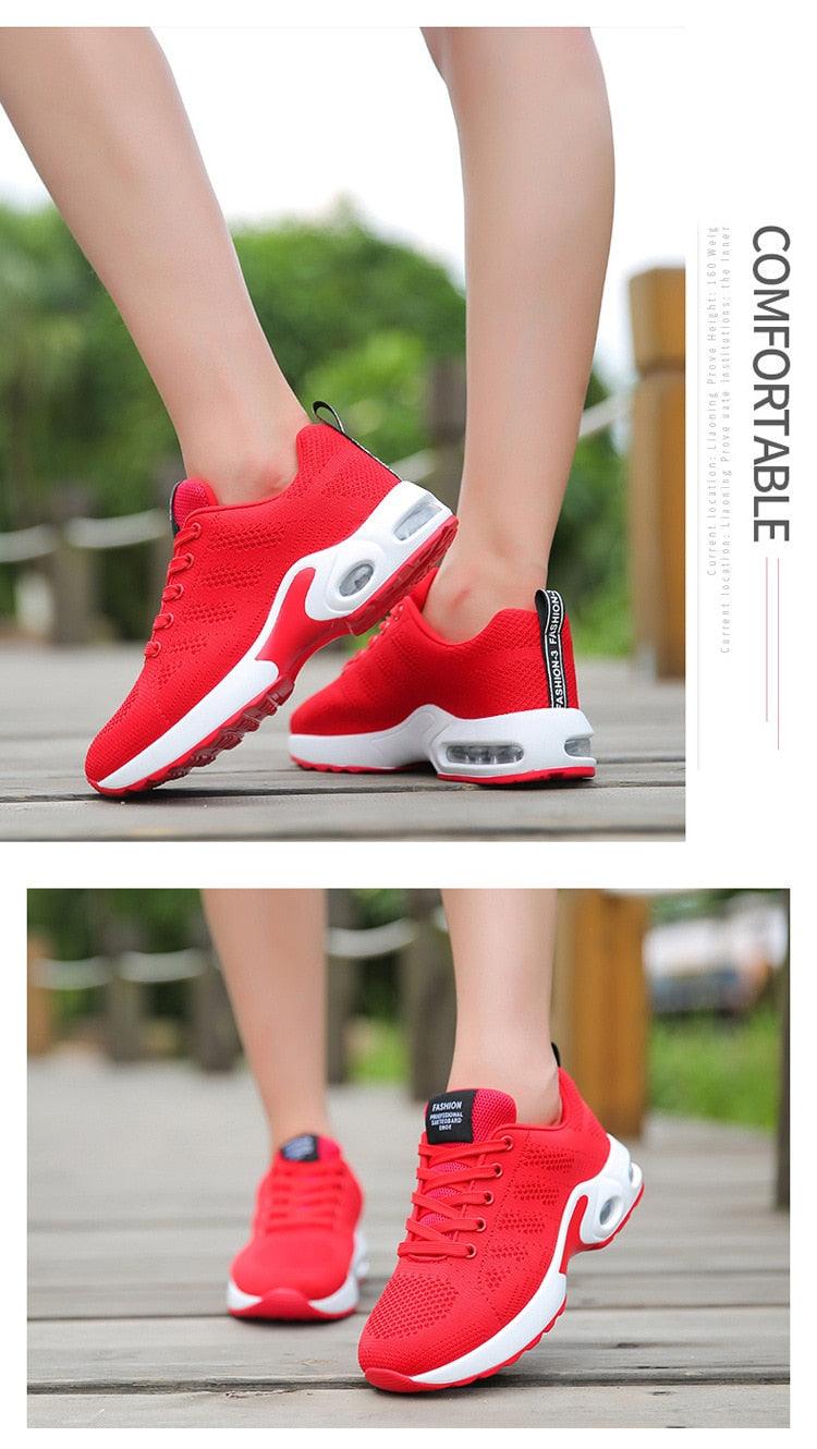 Stevvex red breathable knit upper platform sneakers with white air cushion sole 1 pair on Tampa Home & Garden Store