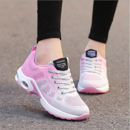 Stevvex pink breathable platform sneakers pair with white sole and knit mesh, air cushion heel on Tampa Home & Garden Store