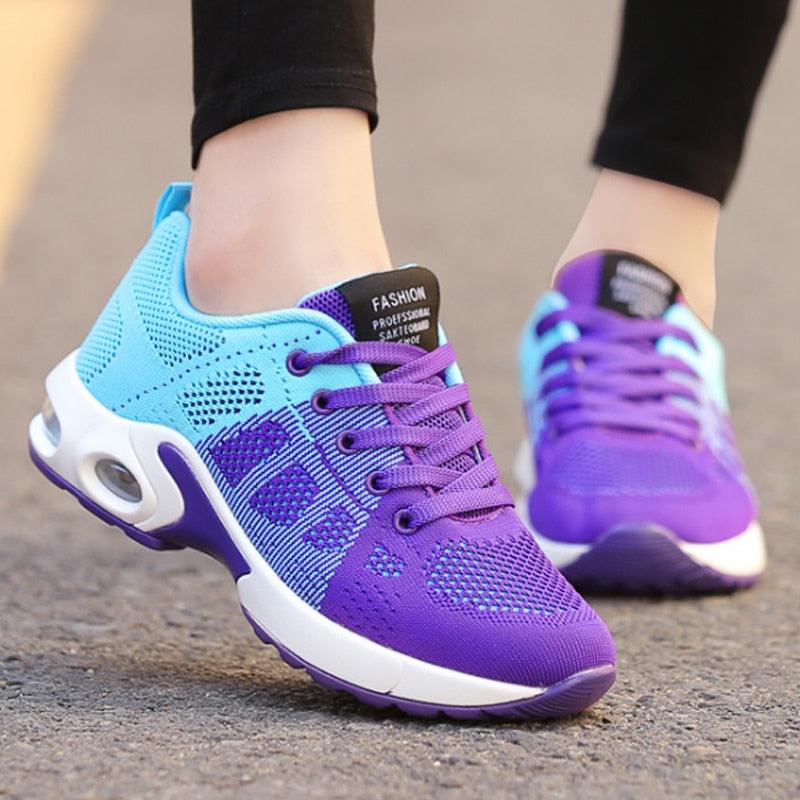 Stevvex women's platform sneakers with purple-to-teal gradient knit upper and breathable mesh on Tampa Home & Garden Store