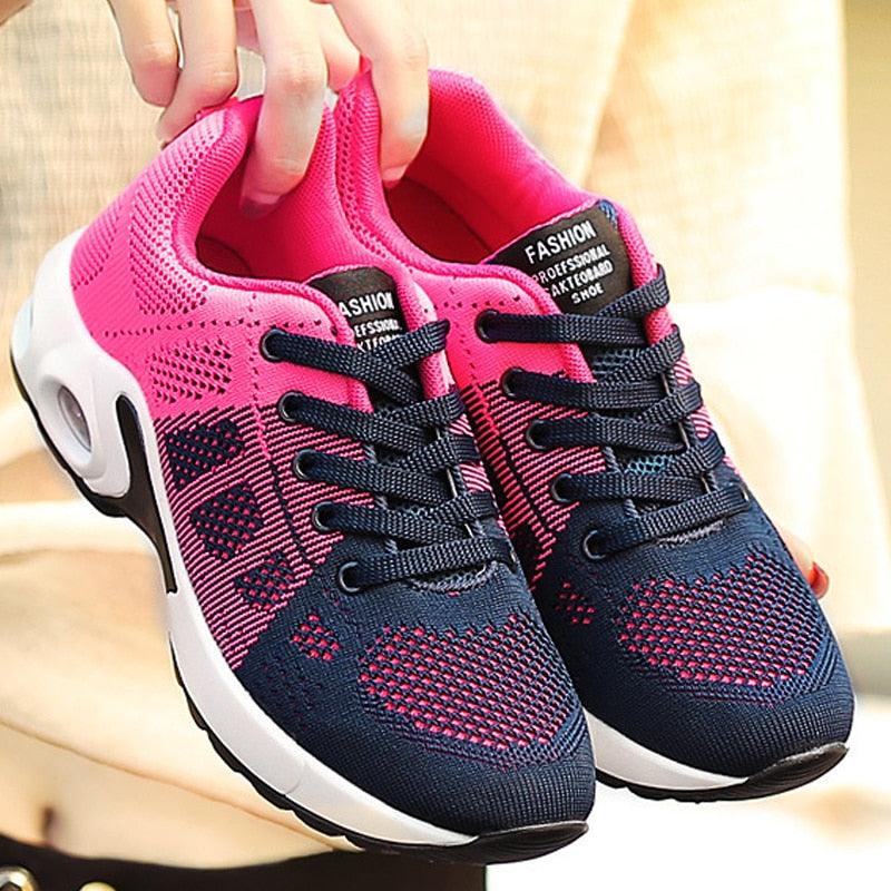 Sneakers Stevvex women's breathable sport platform navy pink knit with black laces air cushion on Tampa Home & Garden Store